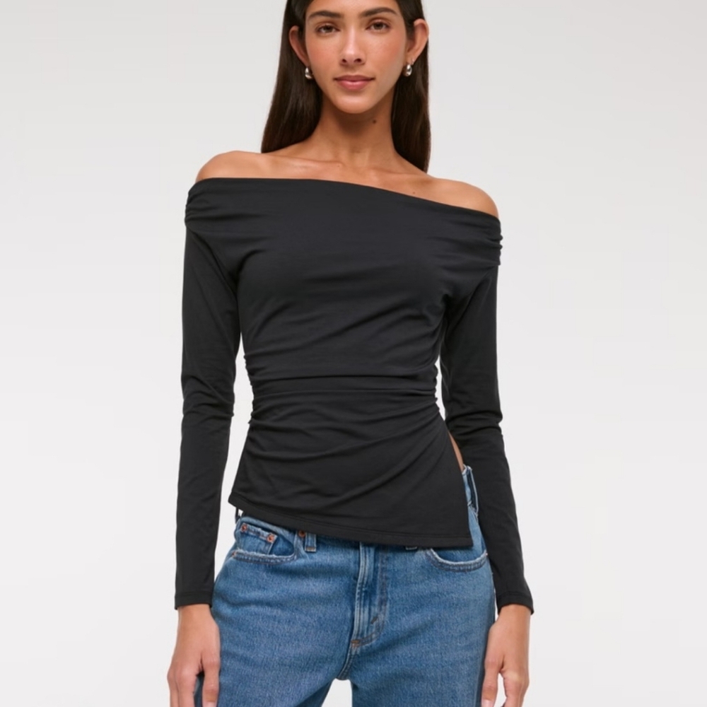 Abercrombie & Fitch Black Off-Shoulder Draped Long Sleeve Top Medium